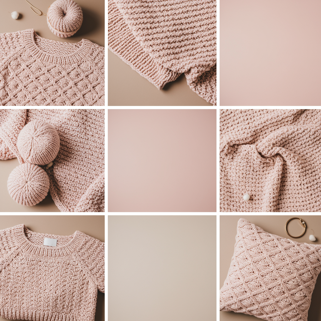 imagen1 "Collage en plano cenital de artículos de tejido y ganchillo: suéter de lana, manta para bebé, funda decorativa y bufanda en tonos pastel."