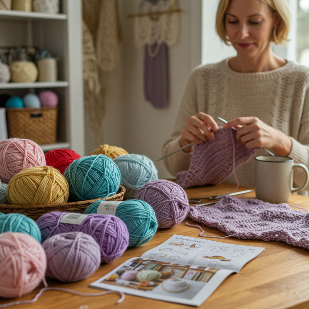 imagen5 1 "Banner acogedor de una mujer tejiendo con lana de colores en un estudio artesanal iluminado, rodeada de patrones y una taza de té."