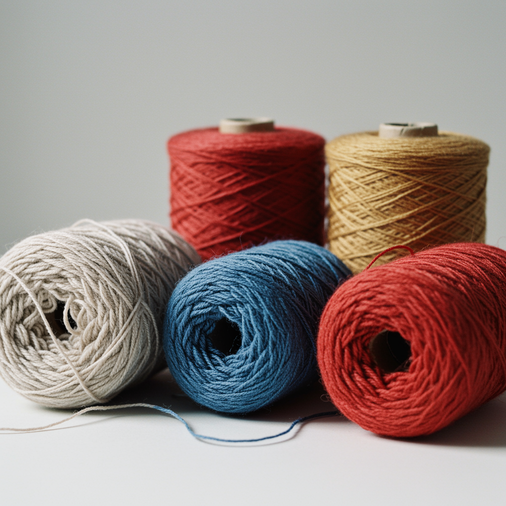 imagen5 "Bobinas de hilo lujoso en colores vibrantes de merino, alpaca y mezclas de algodón, destacando su textura en una composición minimalista sobre fondo blanco."